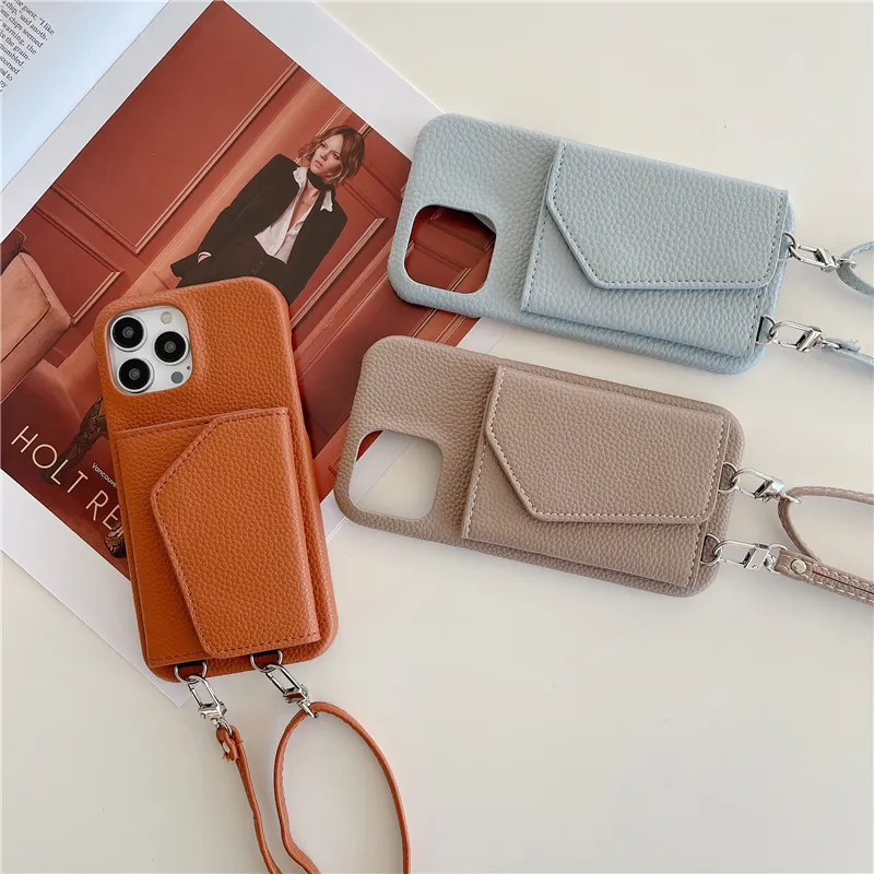 Luxuriöse Crossbody Litchi Grain Folio Vogue Handyhülle für iPhone 15 Plus 14 13 Mini 12 11 Pro Max XR XS mehrere Kartenfächer Leder Portemonnaie Clutch Rückseite mit Spiegel