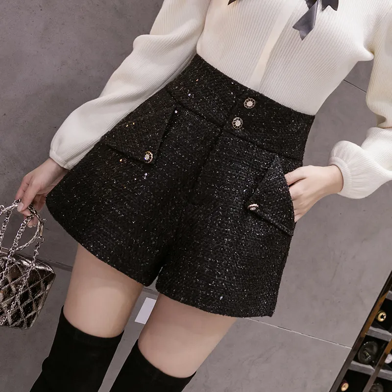 Shorts pour femme Automne Premium femmes printemps hiver short en laine mode femme noir solide motif taille haute paillettes tweed Shorts 230412