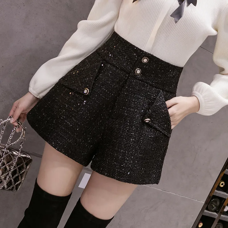 Women's Shorts Autumn Premium Women's Spring Winter Wool Shorts Women's Fashion Black Solid Pattern High Waist Sequin tweed Shorts 230412