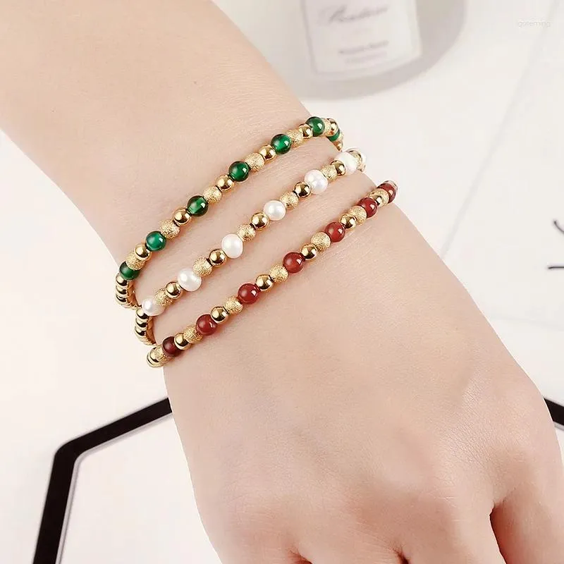 Bangle Quality Exquisite Stainless Steel Jewelry Girl Party Gift Waterproof Durable Charm Sand Gold Mixed Color Agate Pearl Bracelets