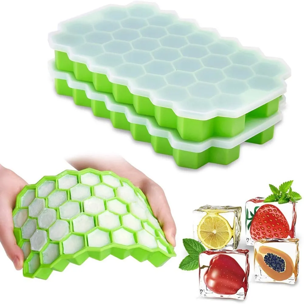 Ice Cream Tools 37 Cavity Honeycomb Cube Trays Reusable Silicone Mold BPA Free Maker with Removable Lids 230412