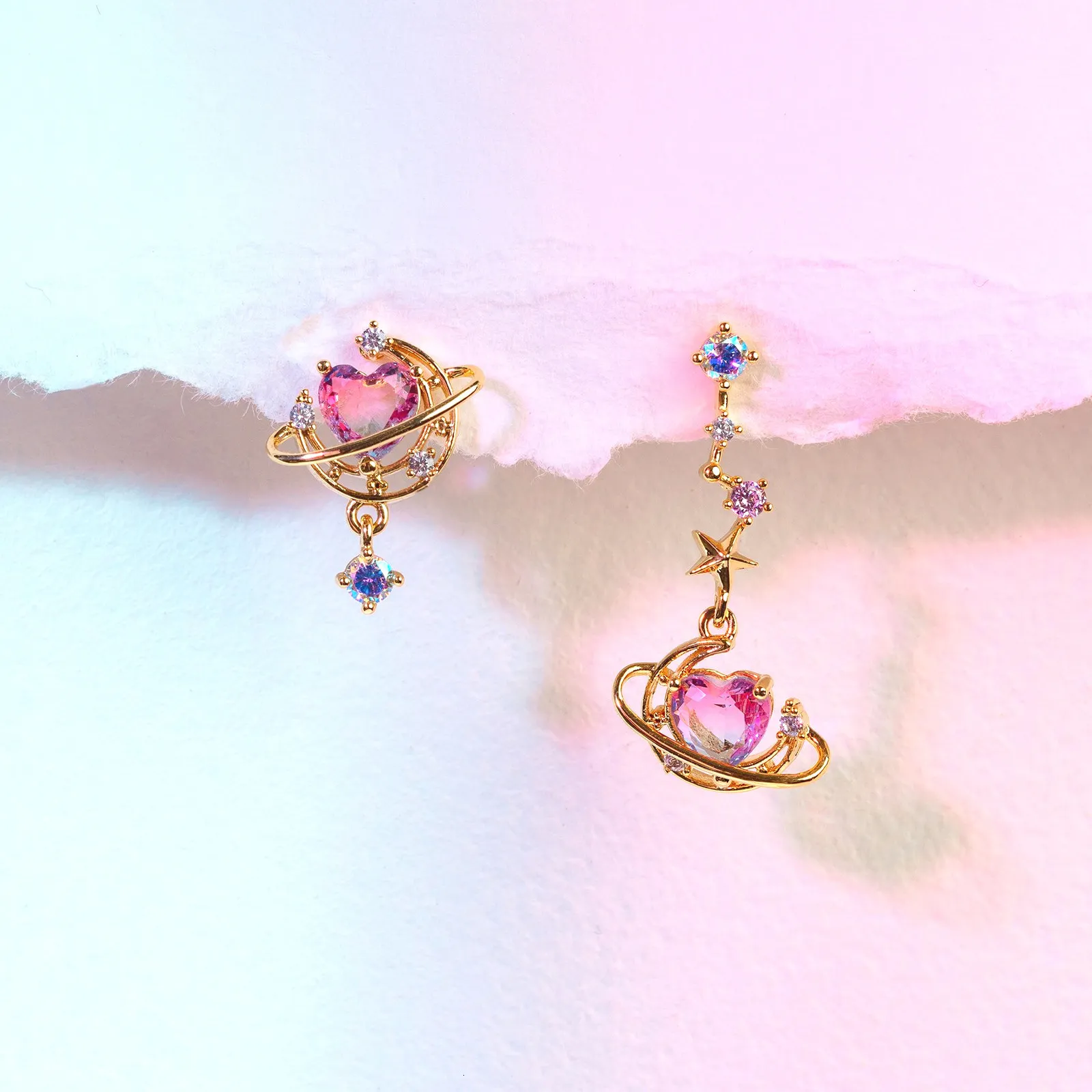 Stud Ins Asymmetric Moon Heart Earring For Women Cute Gold-plated Pink Zircon Heart Stud Earrings Fashion Aesthetic Jewelry Gift 230412