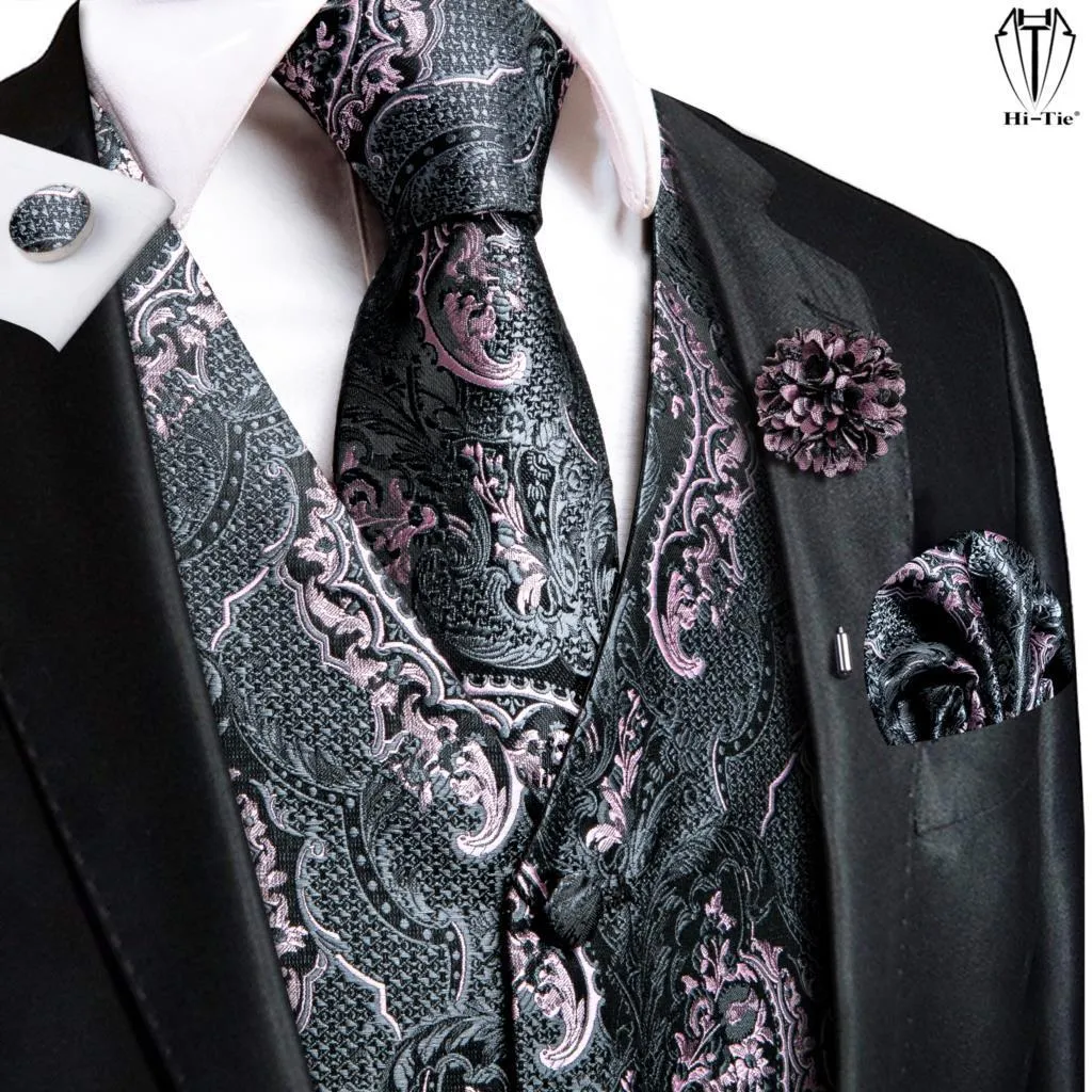 Mäns västar Hi-Tie High Quality Silk Mens Vests Pink Grey Floral Waistcoat Tie Hanky ​​Cufflinks Brooch Set for Men Pass Wedding Office Gift 230412