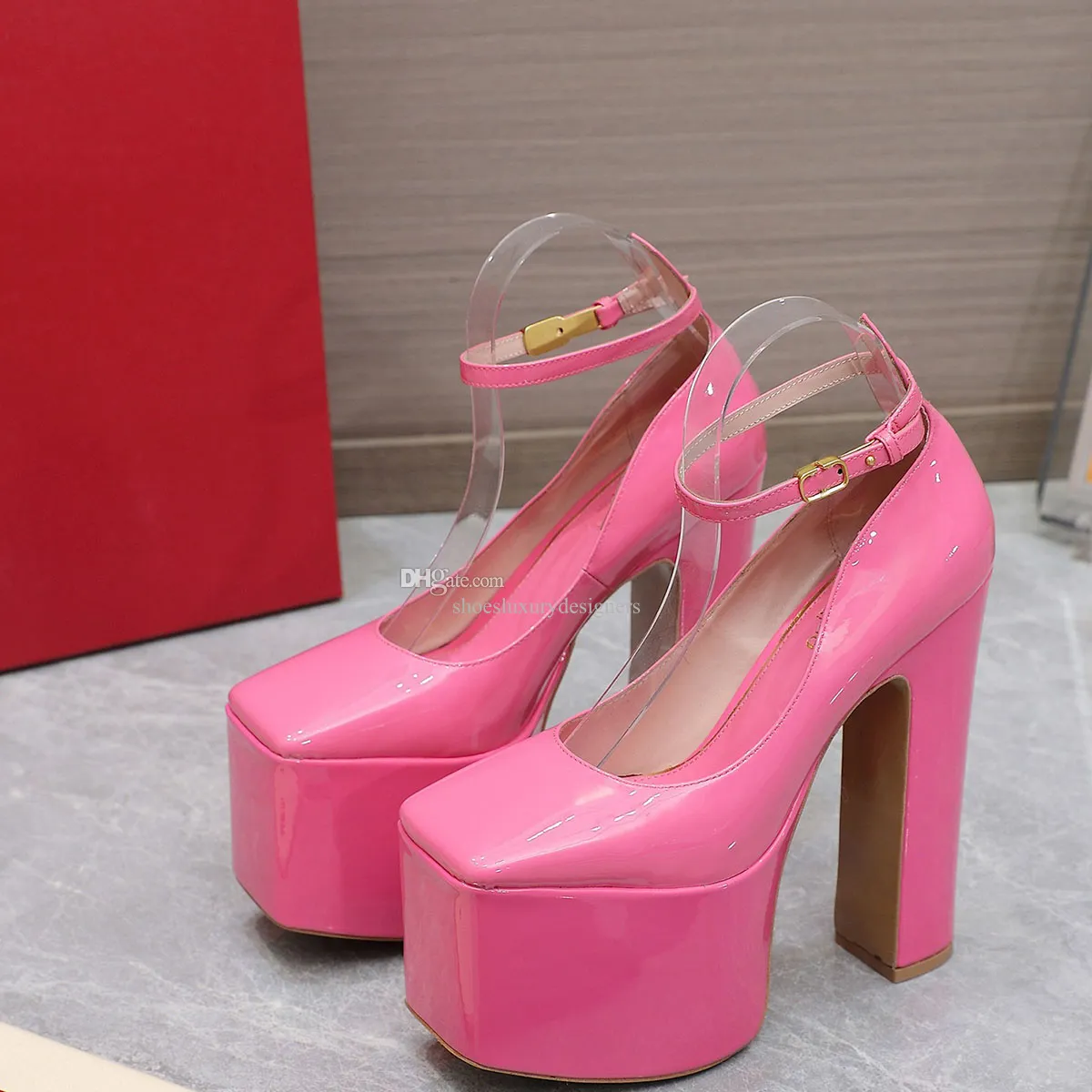 Platforma tan-go pompki buty buty buty Buć Blok Kwasny palca luksusowe projektanci Patent skórzana podeszwa wieczorowa sukienka na zewnątrz 15,5 cm Fabryczne obuwie