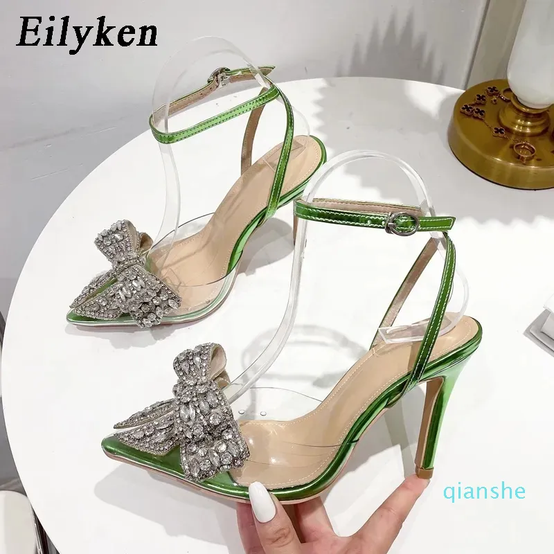 Sandalen Eilyken Grüne Frauen Sandalen Mode transparente PVC-Schmetterlingsknoten Slingbacks Sommerparty Abschlussball Dünne High Heels Schuhe 230410