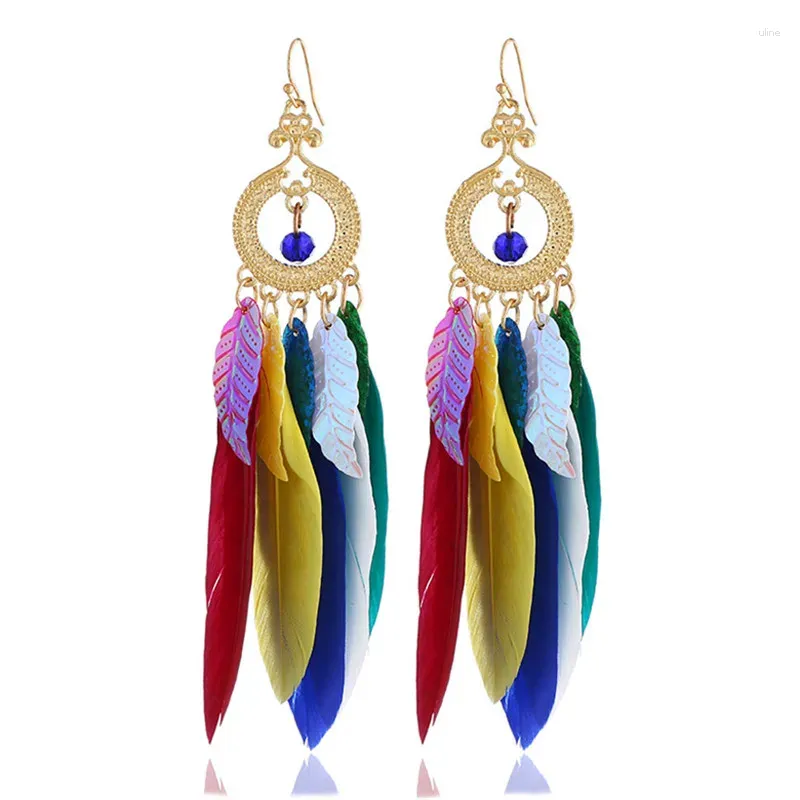 Boucles d'oreilles bohème ethnique mode creux sculpté déclaration Simple feuilles colorées plumes femmes élégant charme exquis