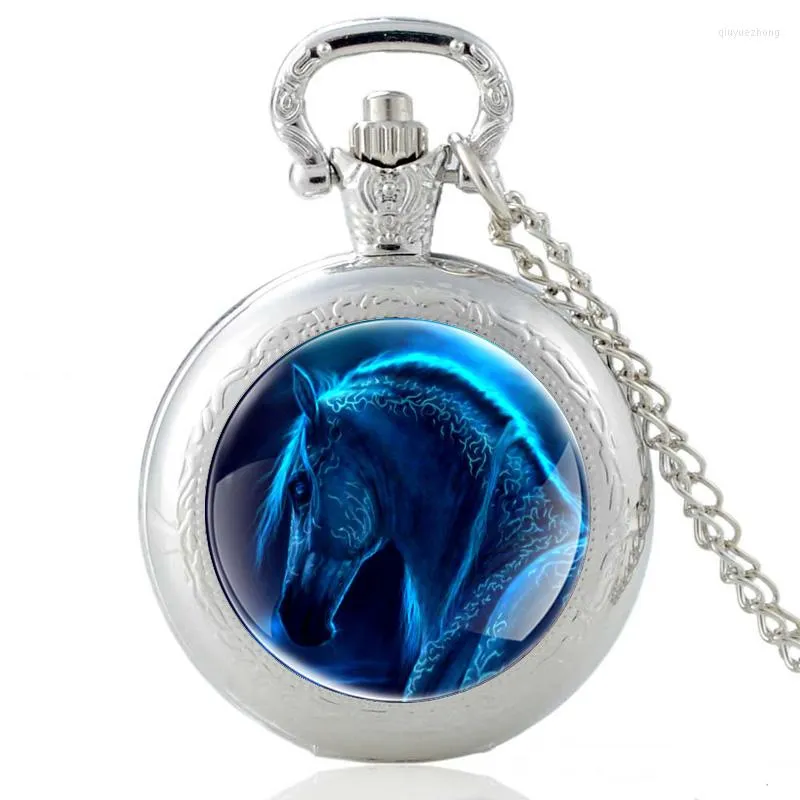 Montres de poche joli motif cheval bleu argent montre à Quartz Vintage pendentif horloge hommes femmes charme verre dôme collier cadeaux