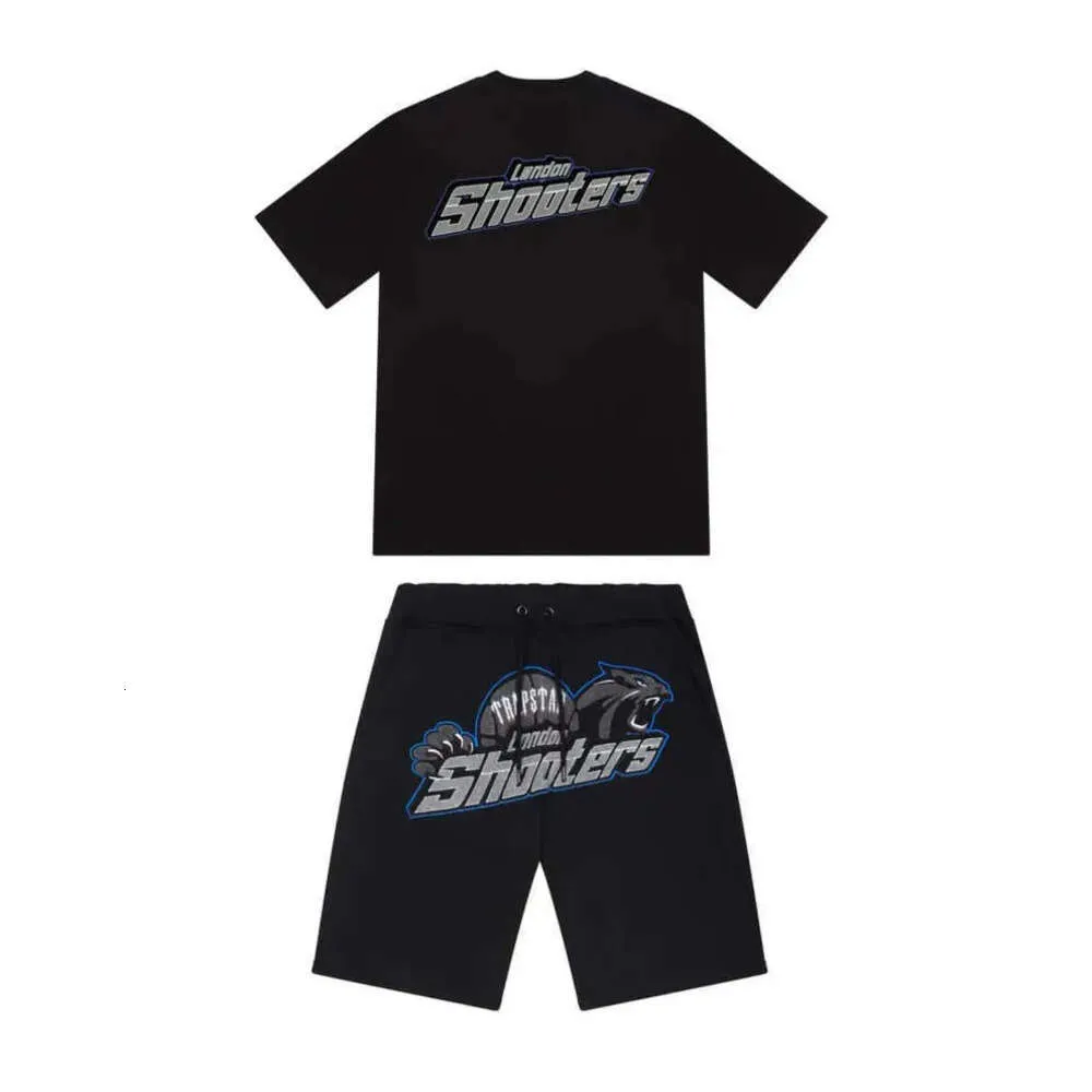 2023 Summer Trapstar London Shooter Short-sleeved T Shirt Suit Chenille Decoding Black Ice Flavor 2.0 Men's Round Neck T-shirt Shorts ess