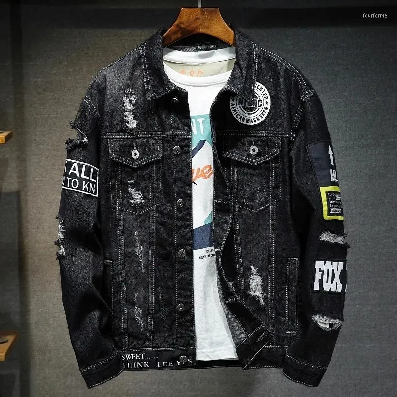 Men's Jackets Jeans Jacket Men Streetwear Punk Motorcycle Ripped Print Cowboy Outerwear High Quality Casual Hole Male Women Hip Hop Denim