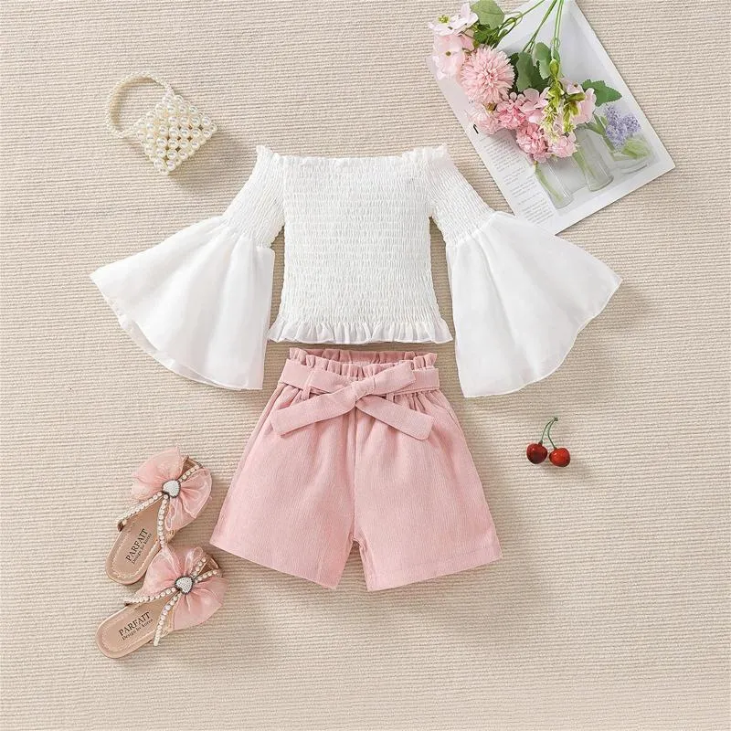 Ensembles de vêtements Enfants Toddler Bébés Filles Printemps Été Solide Coton Côtelé À Volants À Manches Longues Tops Shorts Tenues Vêtements Petite Fille 5t