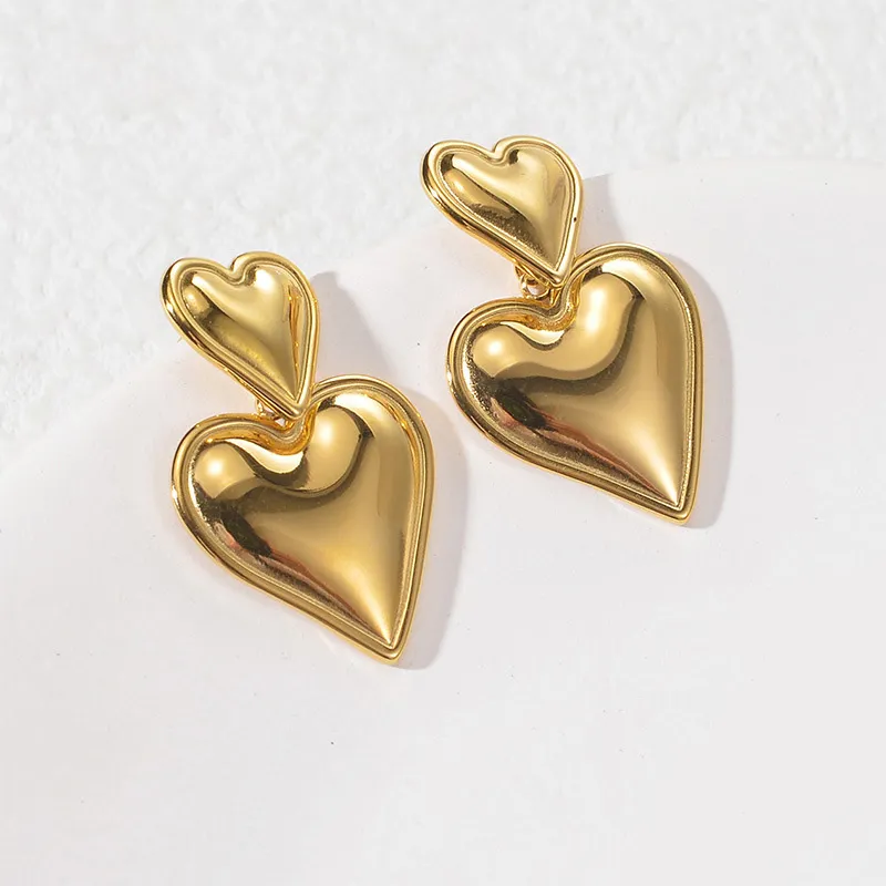 Moda kalp şekli saplama küpe takı paslanmaz çelik 18k gerçek altın kaplama çift mücevher