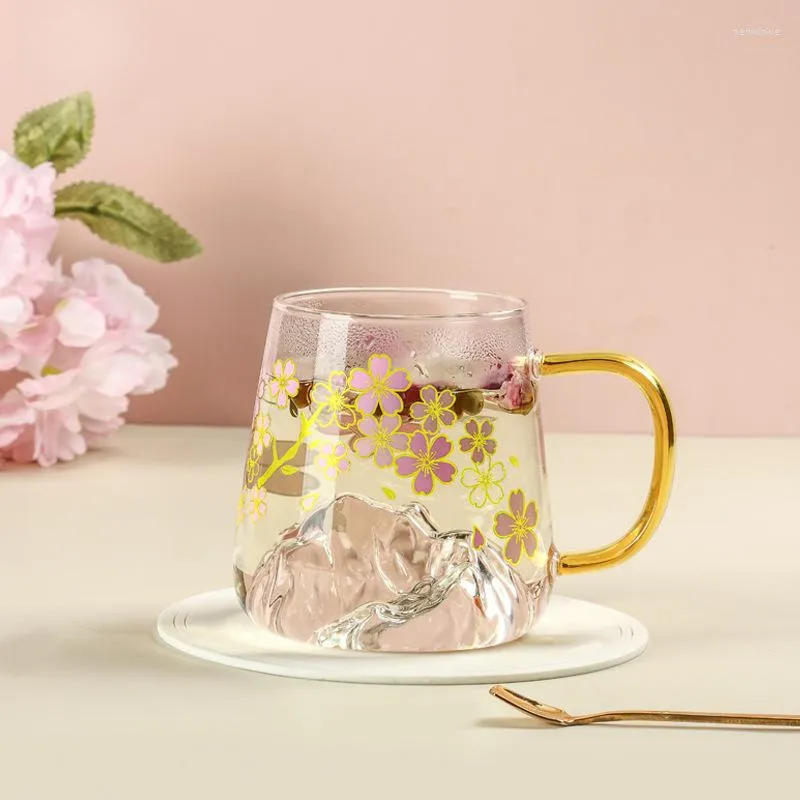 Kupalar Değiştiren Renk Bardak Kiraz Çiçeği Cam Buz Su Su Kızları Yaz Ofis Çayı Küçük Taze Süt Kahvaltı Çiçeği
