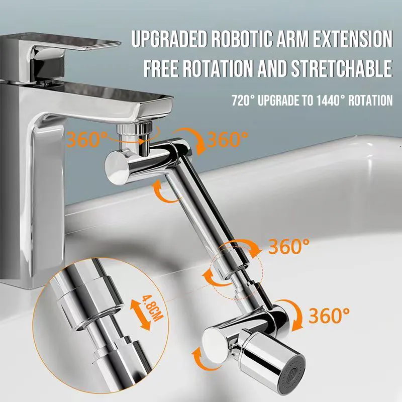 Badezimmer-Duschköpfe Universal 1440 ° drehbarer Wasserhahn Luftsprudler Retracta Legierung Roboterarm schwenkbar Küchenzubehör Extender2Flow 230411