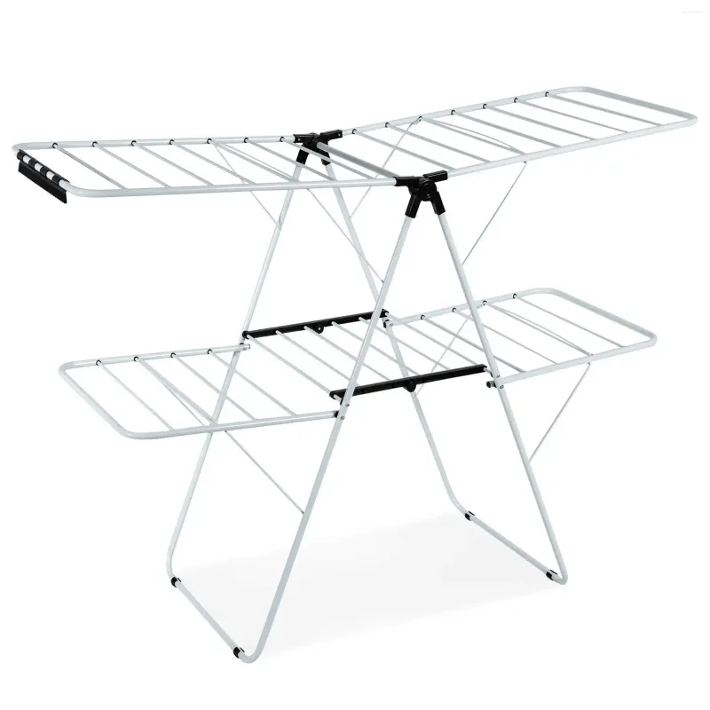 Hängare Gymax 2-nivå Metal Foldble Airer Clothes Tork Rack med höjdjusterbar Gullwing