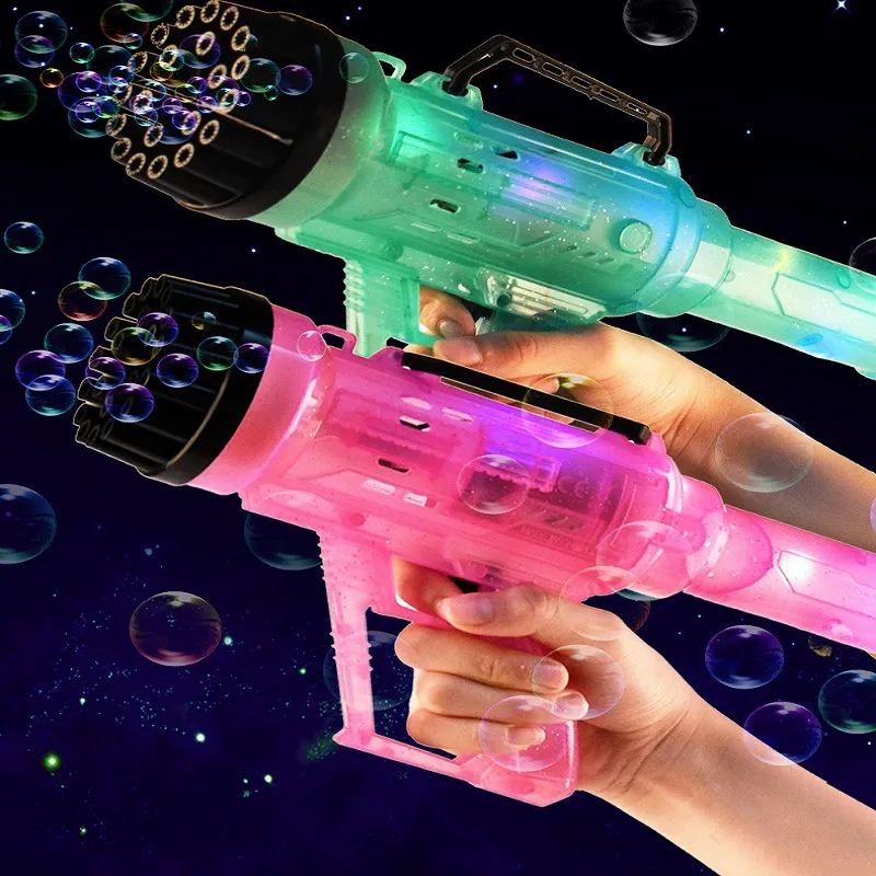 Pistolet à bulles Gatling avec éclairage coloré Machine à bulles de mise à niveau 21 trous pour enfants garçons filles Machine à bulles