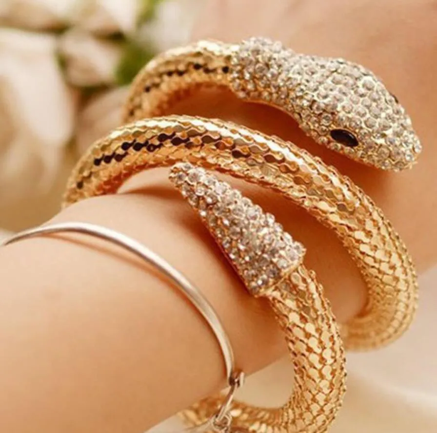 Bracciale da uomo e da donna con strass in lega, personalizzato ed esagerato, avvolto a forma di serpente, con gioielli vintage