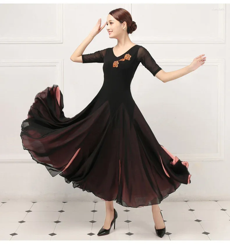 Stage Wear Lady Tango Flamenco Dancing Dress Female Waltz Customes Girls Summer Ballroom Dance Short Sleeve V Neck D-0386