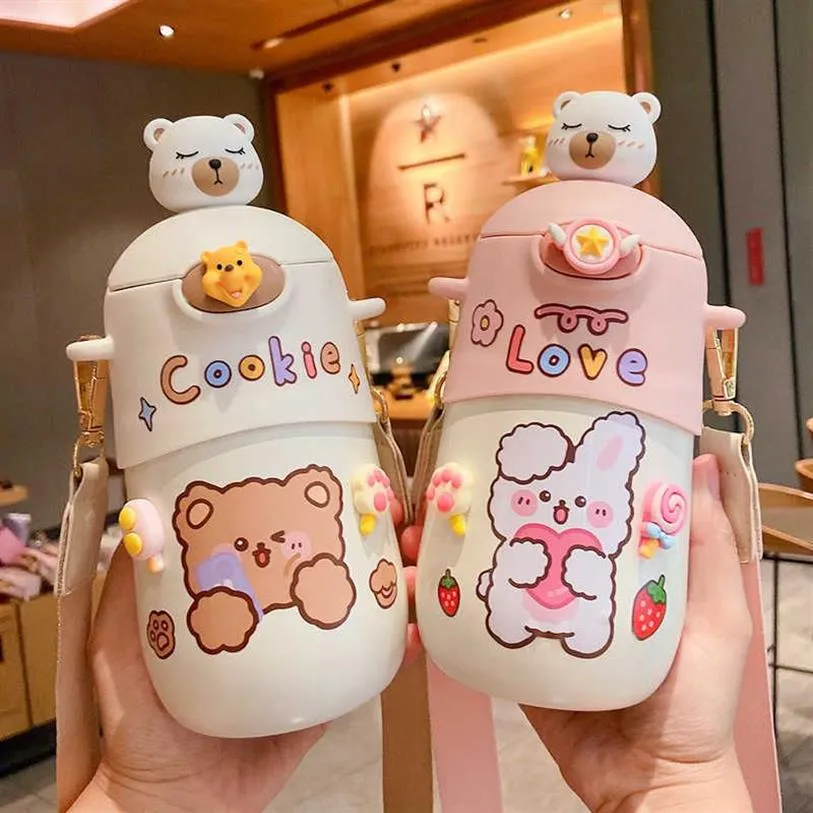 500 ml Kawaii Bär Thermosflasche Süße Kinder Stroh Wasserflasche Isolierte Edelstahl Student Mädchen Thermogetränkeflaschen 211011928