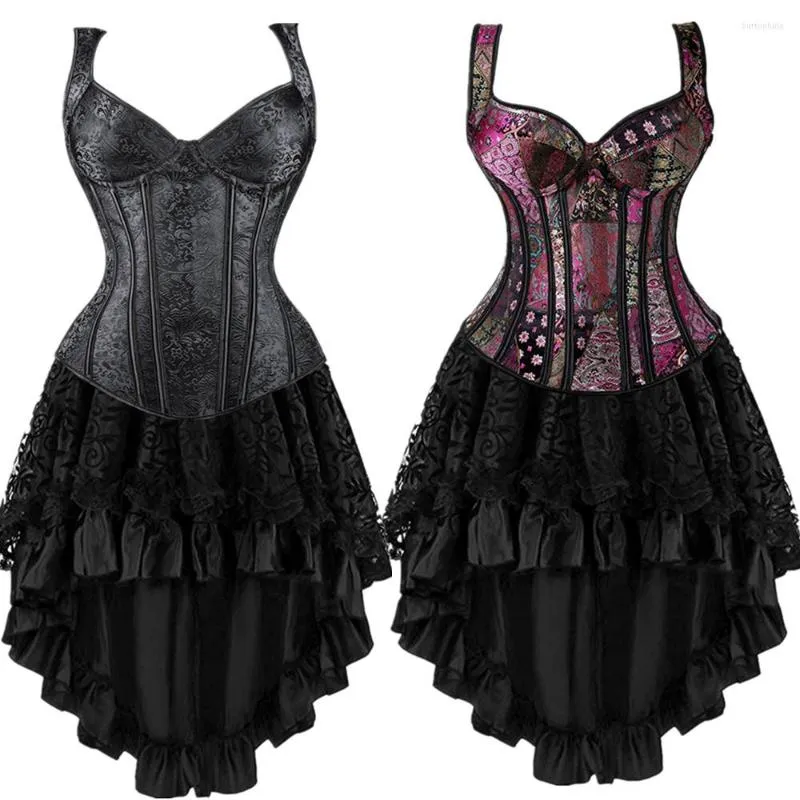 Bustiers korsetter Bustier Corset Dress Sexiga dragkedja remmar överbust och kjol burlesk dräkt gotiska kvinnor vintage underkläder