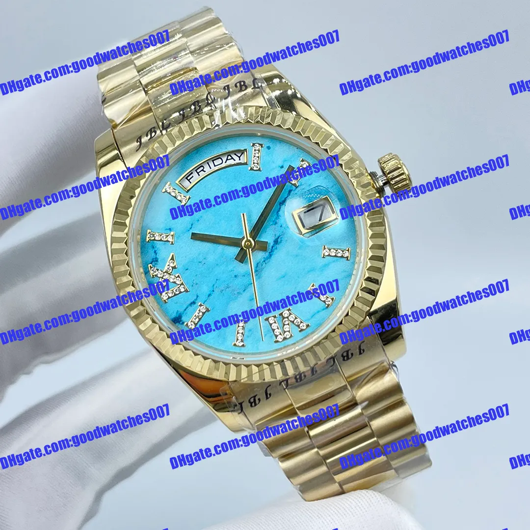 Reloj más vendido 128238 128235 2813 maquinaria automática reloj de mujer 36 mm color turquesa esfera de diamante oro correa de acero inoxidable cristal de zafiro relojes de hombre