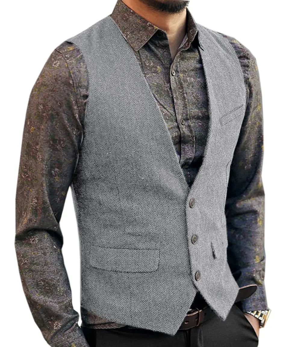 Herrenanzugweste mit V-Ausschnitt, modisch, formell, Slim Fit, Fischgrätenmuster, Weste für Smoking, Hochzeitsfeier 230412_voghion.com