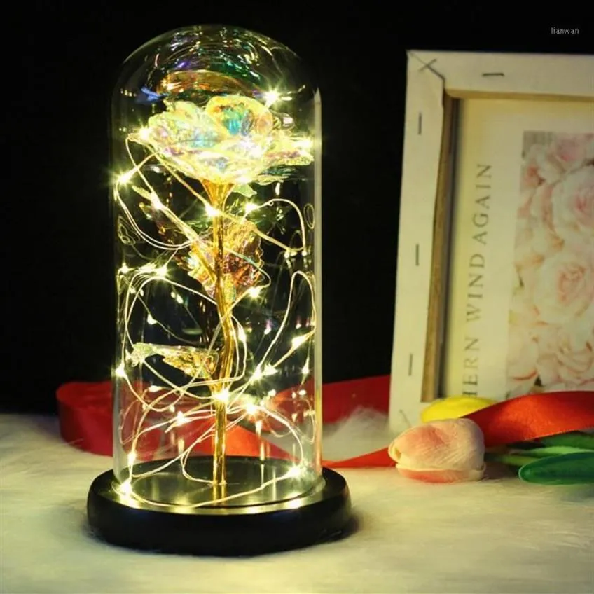 Fiore di rosa in lamina d'oro di bellezza in cupola di vetro con stringa di luci a LED Il regalo per l'anniversario di San Valentino1293Z