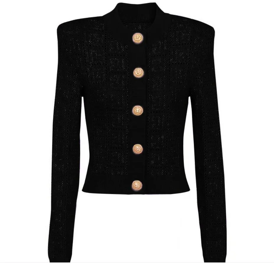 Neue hochwertige Designer-Luxus-Cardigans für Damen. Ausgehöhlte schwarze Strickpullover mit Knöpfen. Lässige Slim-Fit-Strickmäntel für Damen mit Rundhalsausschnitt für Damen