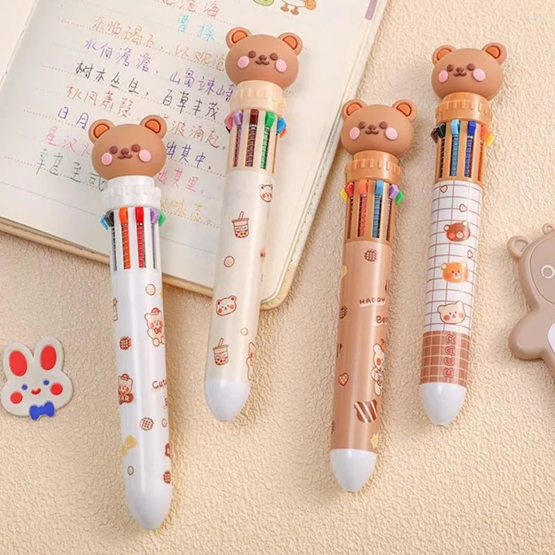 Söt nyhet Cartoon Bear Ballpoint Pen Creative Ten Color Ball Student Writing Gel Pennor Portable School Stationery Supplies