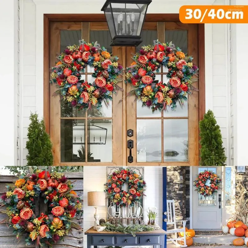 Dekorativa blommor faller krans 40/50 cm konstgjord höst skörd pion pumpa realistisk halloween tacksägelse heminredning för