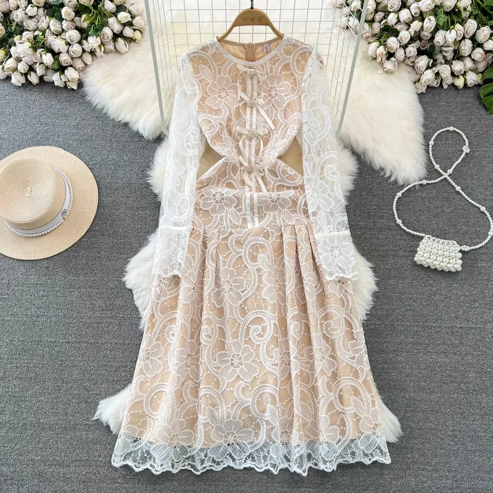 New Runway Autumn Flower Lace Midi Dress for Women - Elegant O Neck, Diamonds button, Hollow Out, Long Sleeves, Perfect for Office and Casual Wear - A