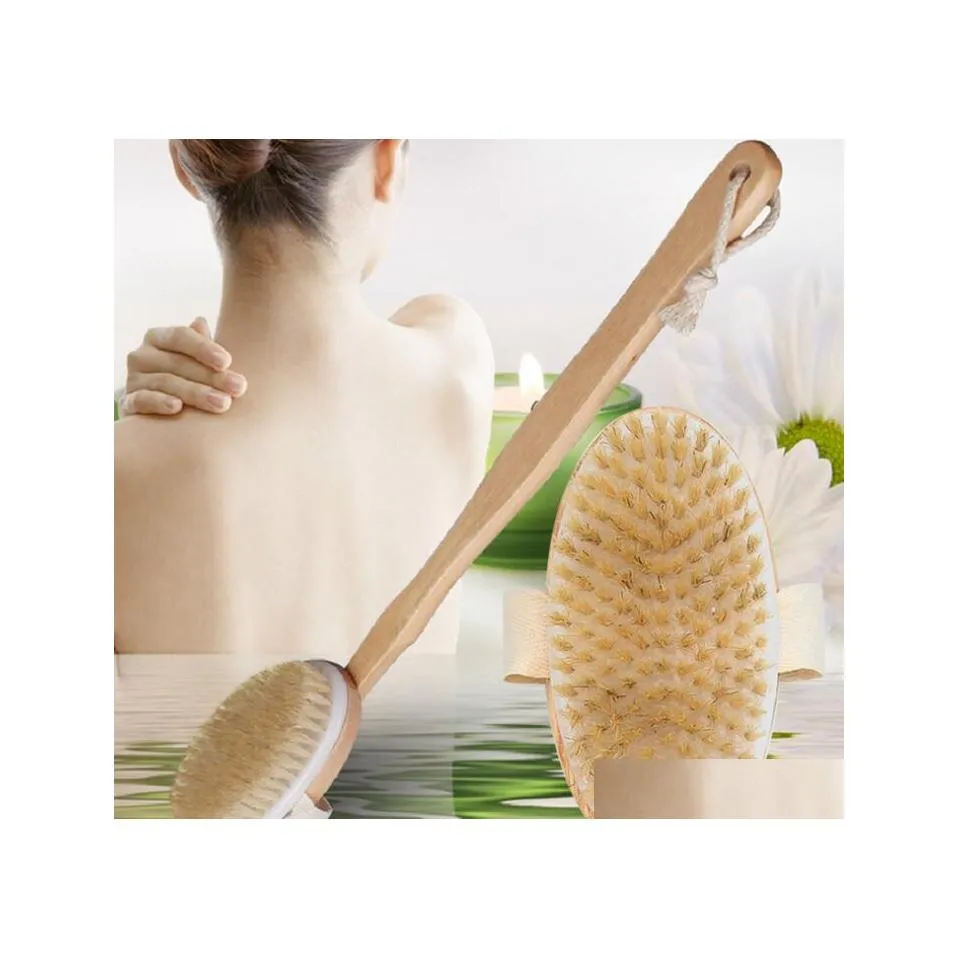 Brosses de bain Éponges Épurateurs Brosse pour le corps à peau sèche avec longue poignée antidérapante amovible 100% poils naturels douche circulation sanguine Dhmfb