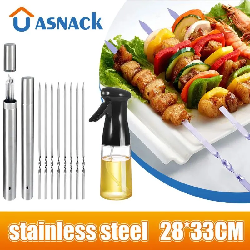 Tools Stainless Steel Barbecue Skewer Reusable BBQ Skewers With Oil Bottle Stick For Outdoor Camping Picnic