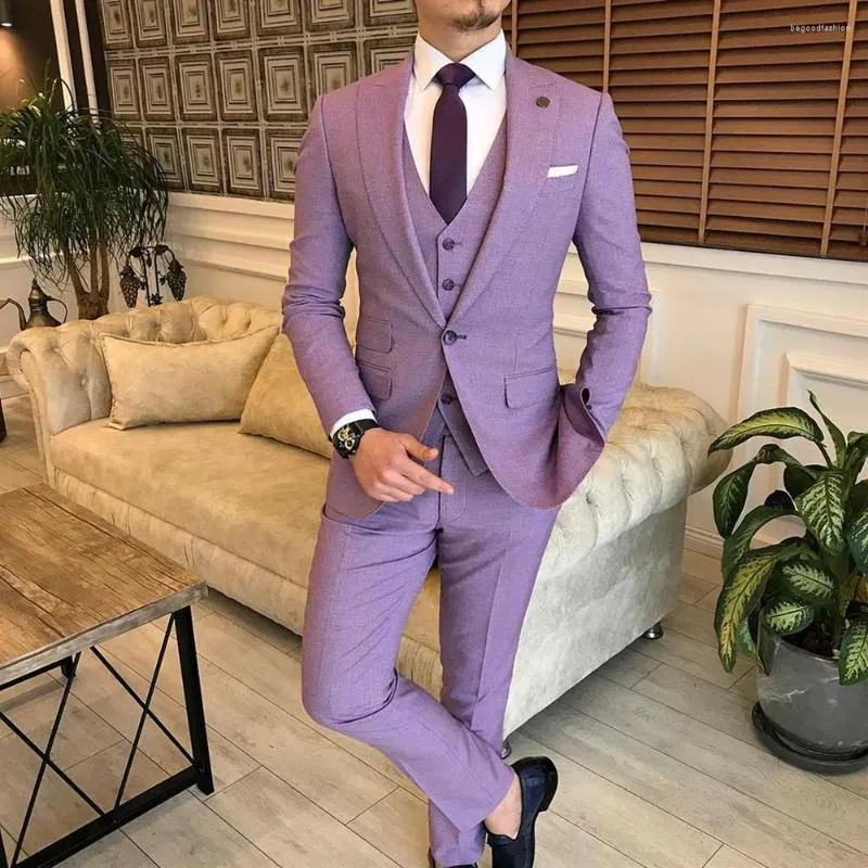 Mens passar män 3 stycken Slim Fit Business Groom Lilac Notched Lapel Tuxedos för formell bröllopsdräkt (Blazer Vest Pants)