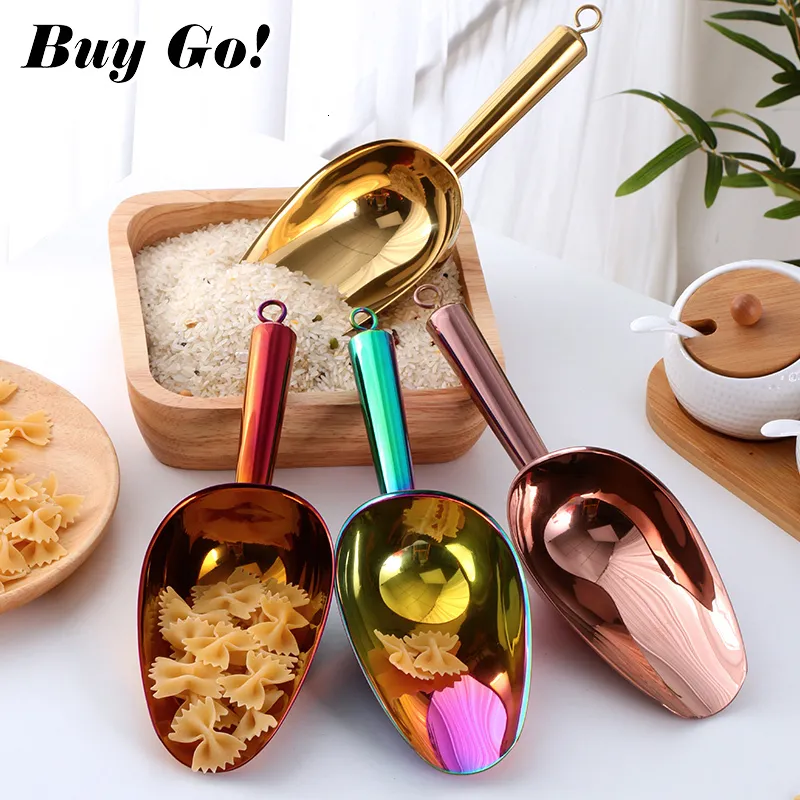 Ice Cream Tools 12PCS 98inch Stainless Steel Gold Scraper Dry Food Flour Candy Bin Spice Scoop Buffet Shovel Wedding Bar Kitchen 230412