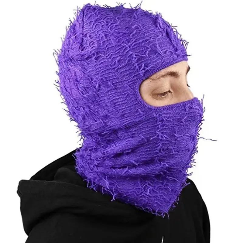 Knitted Fuzzy Halloween Ski Mask Full Face Fleece Fuzzy Balaclava Distressed