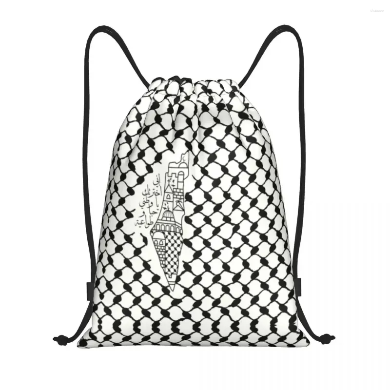 Sacs à provisions Calligraphie arabe Hatta Keffiyeh Sac à cordon pour sacs à dos de yoga Carte palestinienne Kufiya Pattern Sports Gym Sackpack