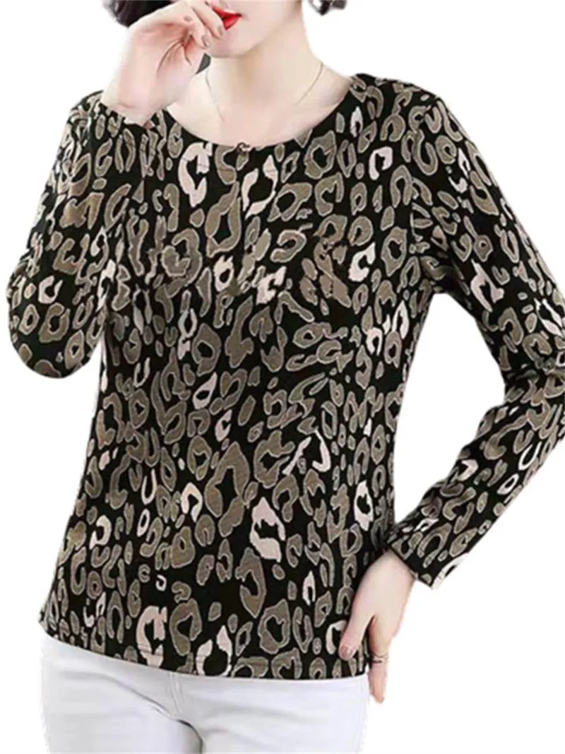 Kadınlar bluz gömlekleri kadınlar bahar sonbahar bayan moda gündelik uzun kollu o yaka yaka leopar baskı blusas üstleri wy0435