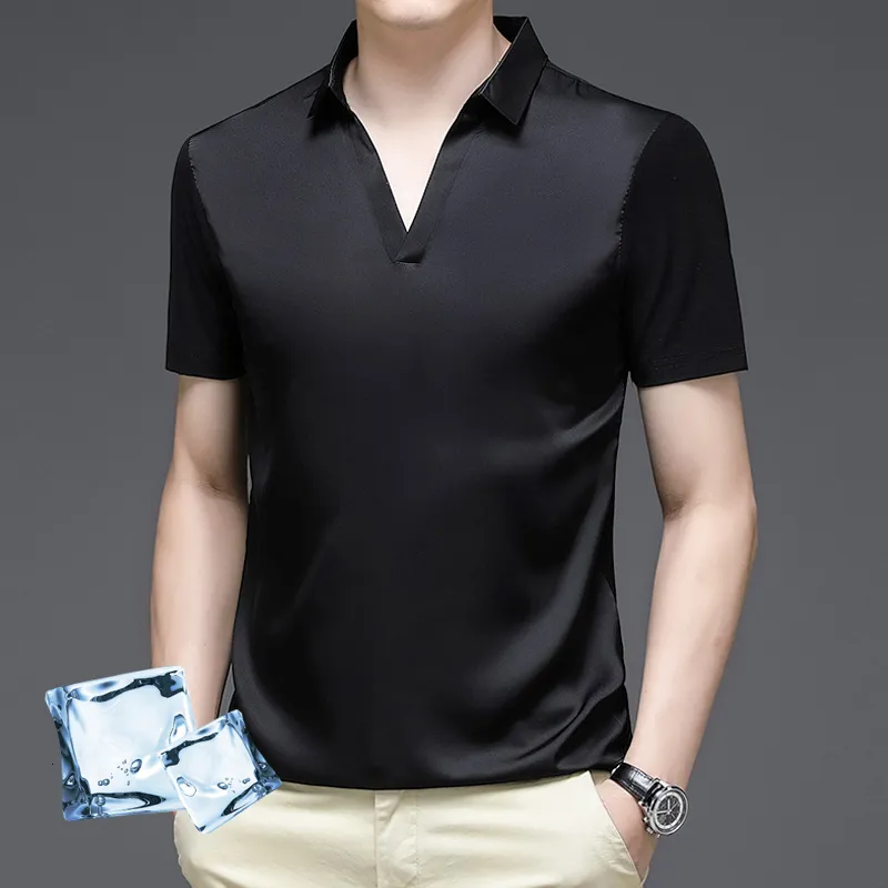 Camiseta de seda de seda de seda masculina Camisa de pólo de seda de manga curta masculina Camiseta de algodão