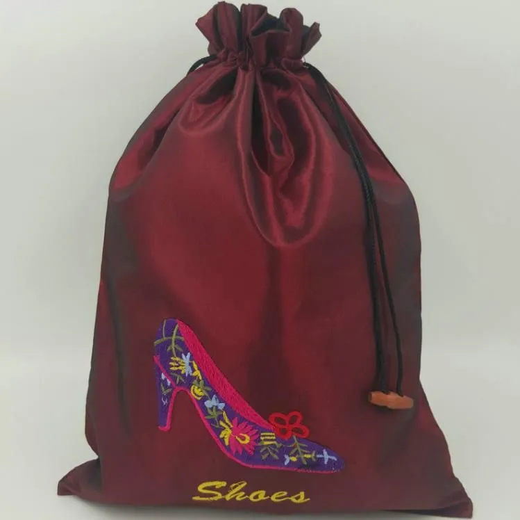 Big Embroidery High heels Shoe Pouch Bags for Travel Shoe Storage Bag Portable Chinese Silk Drawstring Women-Shoe dust-Bags with lined SN4874