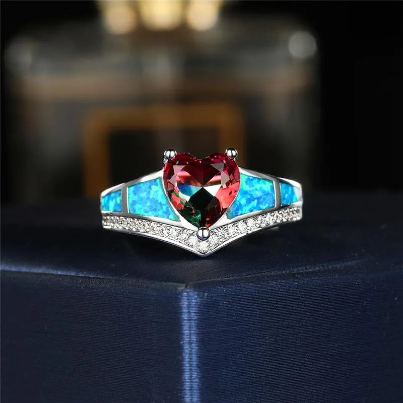 Wedding Rings Vintage Female Crystal Love Heart Ring Charm Silver Color Big Luxury Bride Blue Opal Engagement For Women