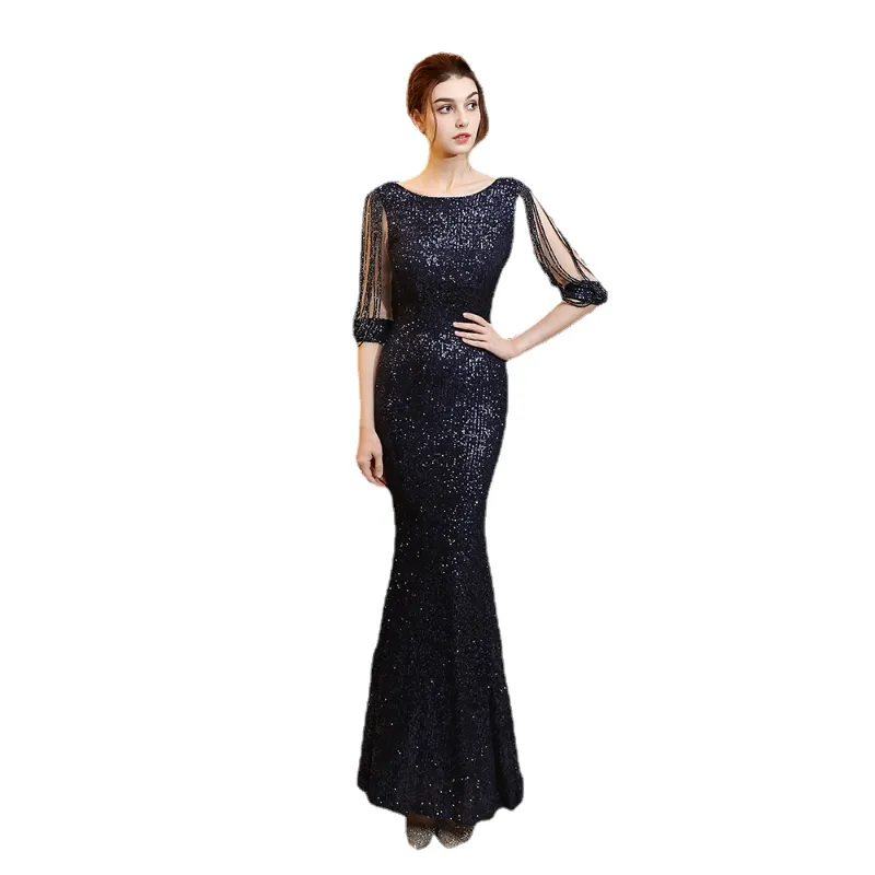 Grenn Elegant O Robe de soirée Neck Robe noire de paille