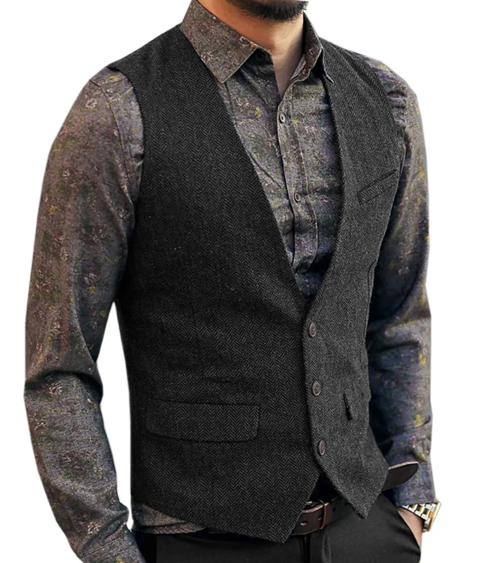 Men's V-Neck Suit Vests Fashion Formal Slim Fit Business Herringbone Dress Waistcoat for Tuxedo Wedding Party 230412_voghion.com