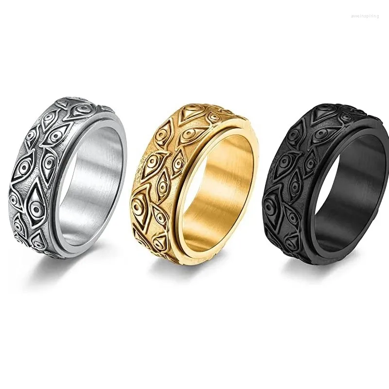 Wedding Rings Carved Eyes Gold Color Stainless Steel Ring For Men Vintage Punk Rotatable Finger Jewelry Rock Culture Party Accessories