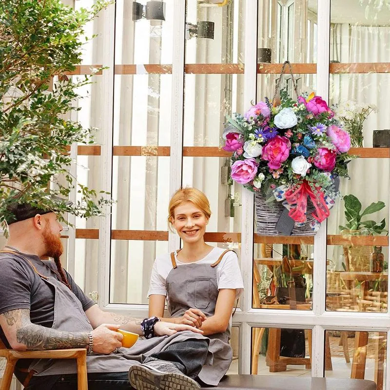 Dekorativa blommor konstgjorda dörrkrans hängande korgar återanvändbar vildblomma korg droppprydnader mödrar dag gåvor för trädgård bondgård