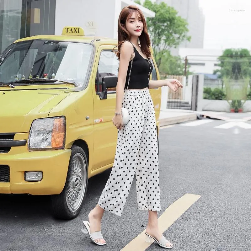 Women's Pants Summer Capri High Waist Women Fashion White Black Polka Dot Wide Leg Trousers Chiffon Korean Casual Loose Student