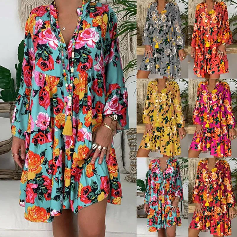 Повседневные платья Женщины летние платье бохо в стиле трех четверти рукав цветочный принт шифоновый пляж Туника Свободное мини -вечеринка