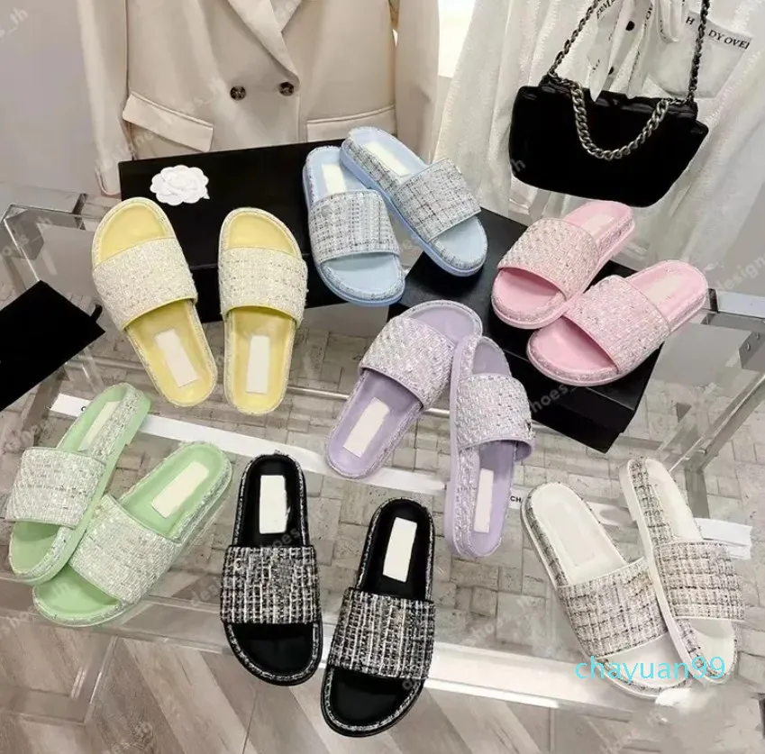 Designer Slipper Women Tweed Straw Slides Sandals Slip Slip On Wedge Flats Fashion Beach Mula Flip Flip Platform Chain Slider de borracha 2023