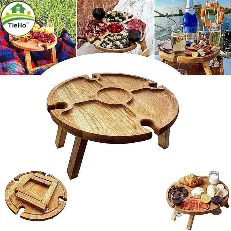 Camp Furniture TieHo Wooden Portable Outdoor Folding Table With Glass Cups Holder Fruit Snack Tray Camping Picnic Wine