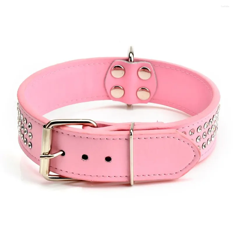 Dog Collars Adjustable Three-row Rhinestone Studded PU Collar - Size M (Pink)