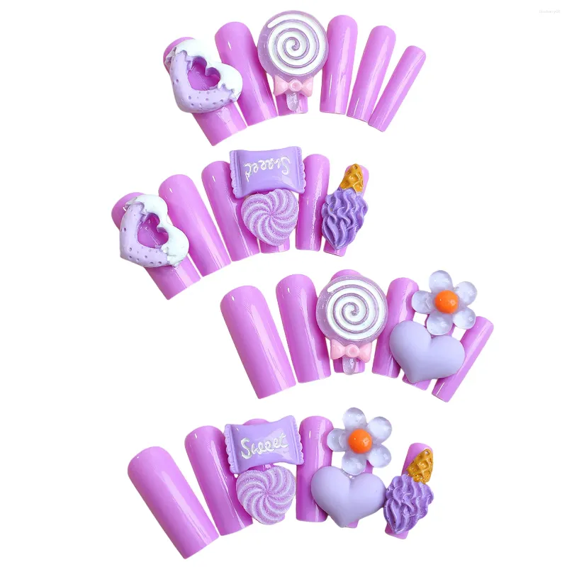 Faux ongles violet faux ongles avec décor 3D filles longue durée réutilisable carré artificiel pour la vie quotidienne utilisation quotidienne